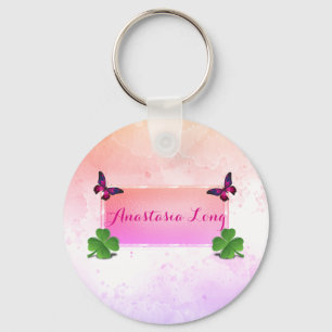 Porte-clés Stylish moderne, Pink Buterfly, Green Clover