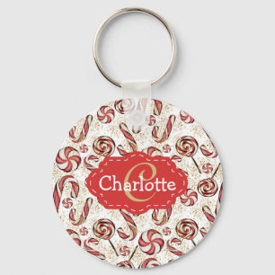 Porte-clés Sucres de canne rétro festifs Motif Monogramme