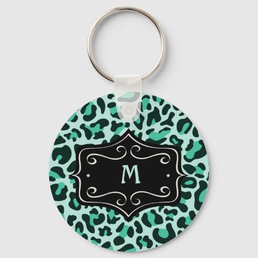Porte-clés Super Cool Bleu Sarcelle Imprimé Léopard Monogramm (Recto)