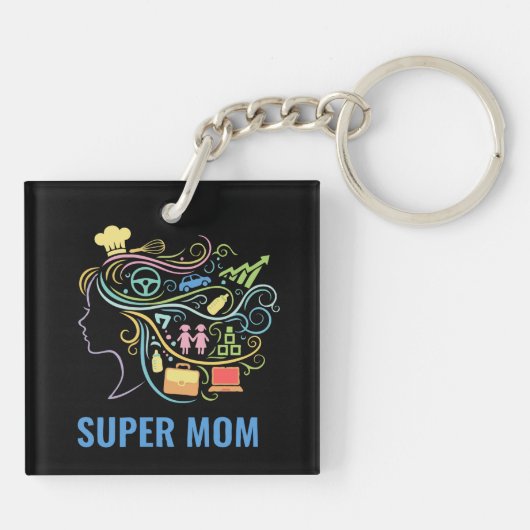 Porte-clés Super Maman Multiples Casquettes Graphique Rétro C (Dos)