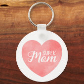 Porte-clés Super maman texte dans coeur d'aquarelle rose (Recto)