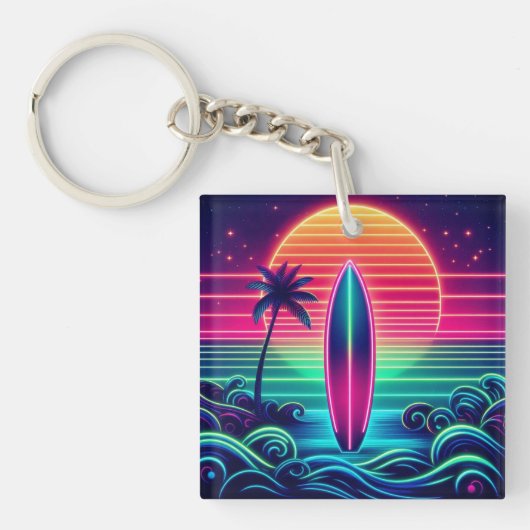 Porte-clés Surfer sur le coucher de soleil néon (Devant)
