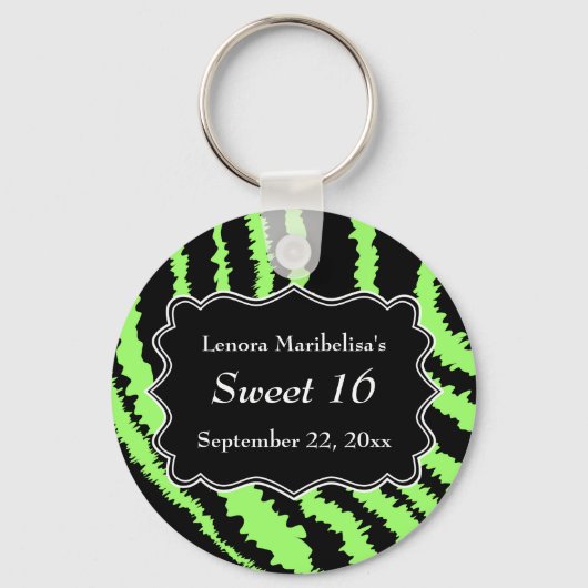 Porte-clés Sweet 16 Black et Lime Green Zebra Pattern (Recto)