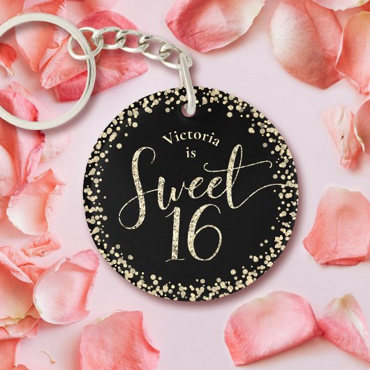 Porte-clés Sweet 16 Chic Black Gold Parties scintillant Confe