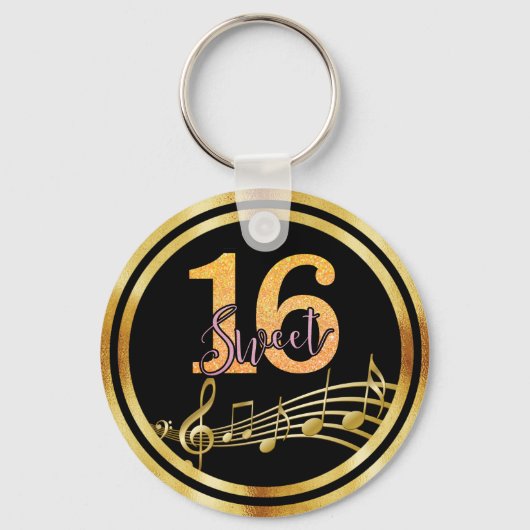 Porte-clés Sweet 16 notes de musique en or noir (Recto)