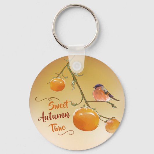 Porte-clés Sweet automne Orange Persimmon Fruits & Oiseau (Recto)