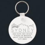 Porte-clés Sydney | Stylisé Skyline Custom Slogan<br><div class="desc">Un porte - clé unique représentant la belle et accueillante ville de Sydney, Australie. Ce porte - clé présente une illustration stylisée de l'horizon unique de la ville avec son nom en dessous. Sous le nom de la ville se trouve un endroit pour votre slogan ou déclaration unique sur votre...</div>