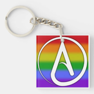 Porte-clés Symbole athée blanc sur arc-en-ciel