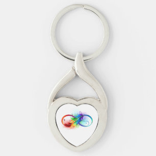 Porte-clés Symbole d'infini avec plume arc-en-ciel