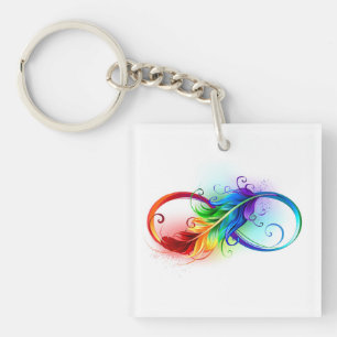 Porte-clés Symbole d'infini avec plume arc-en-ciel