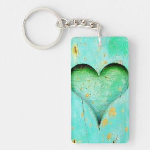 Porte-clés Symbole en bois de coeur de peinture bleue patiné