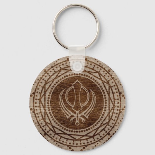Porte-clés Symbole Khanda sur la texture en bois (Recto)