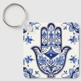 Porte-clés Symbole main de Hamsa - Main bleue et blanche de F