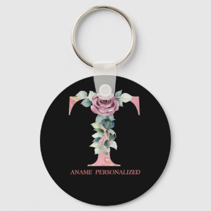 Porte-clés T Floral Monogramme Nom Lettres Porte - clé Rose A