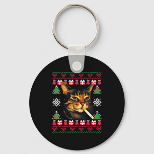 Porte-clés T-shirt drôle de chat qui fume pour Noël 