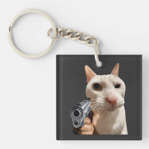 Porte-clés T-shirt Mème Drôle Chat Cool Avec Pistolet