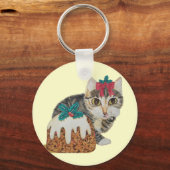 Porte-clés tabby gris chaton mignon lécher patte noël (Recto)