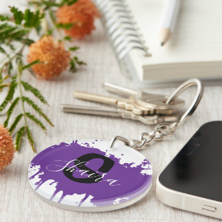 Porte-clés Tache de peinture violette initiale personnalisée 