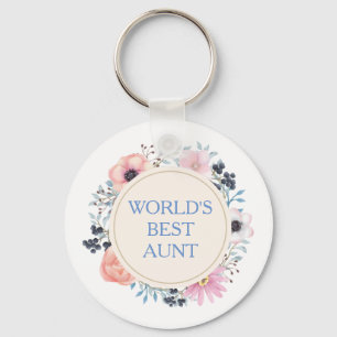 Porte-clés Tante la Meilleure du Monde Fleurs Rose Bleu Blanc