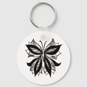 Porte-clés Tatouage à papillon Abstrait noir et blanc