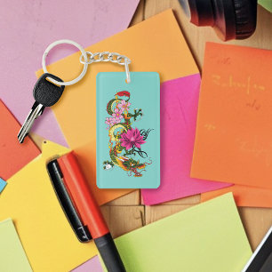 Porte-clés Tatouage de dragon chinois vert gras lotus sarcell