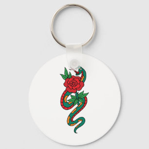Porte-clés Tatouage de serpent enroulé autour d'une rose roug
