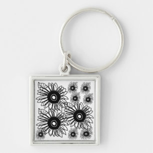 Porte-clés Tatouage Tournesol Floral Noir Blanc Tatouage Fleu
