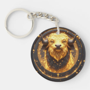 Porte-clés Taureau doré dans une roue zodiacale circulaire