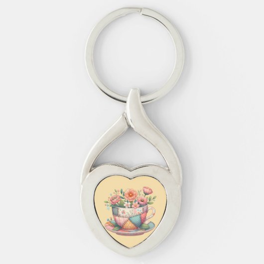 Porte-clés Teacup Patchwork avec Fleurs Whimsical (Devant)