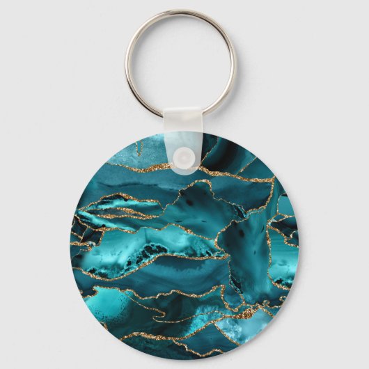 Porte-clés Teal Blue et Gold Glitter Agate (Recto)