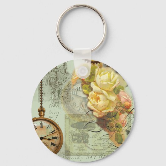 Porte-clés Temps Steampunk & Roses Jaunes (Recto)