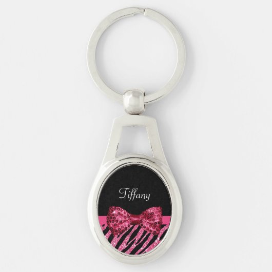 Porte-clés Tendance rose Zebra Print FAUX Glitz Bow avec nom (Devant)
