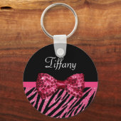 Porte-clés Tendance rose Zebra Print FAUX Glitz Bow avec nom (Recto)
