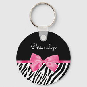 Porte-clés Tendance Zebra Print Chic Hot Rose Bow et nom