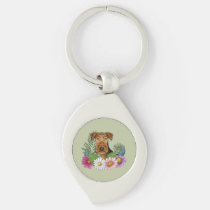 Porte-clés Térrier Airedale et fleurs colorées d'été vertes