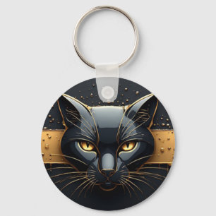 Porte-clés Tête de chat noir avec design à gouttes d'or 🐈