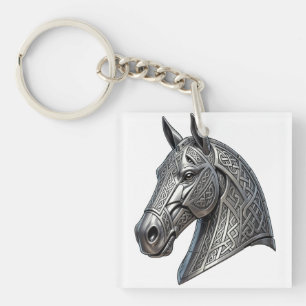 Porte-clés Tête de cheval argentée celtique majestueuse avec