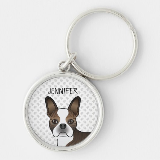 Porte-clés Tête de chien Boston Terrier Bringé & Nom personna (Devant)