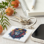 Porte-clés Tête de lion gras avec lunettes de soleil et couro (Devant Droit)