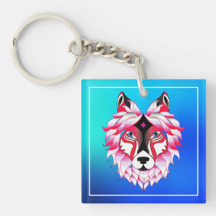 Porte-clés Tête de loup rose Polygone Design-24531