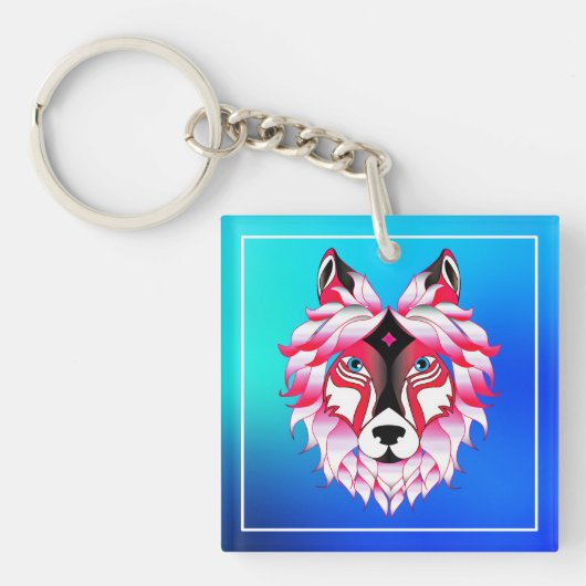 Porte-clés Tête de loup rose Polygone Design-24531 (Devant)