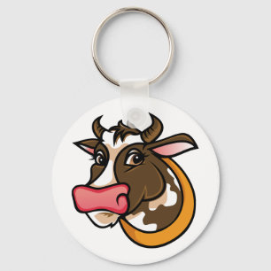 Porte-clés Tête de vache brune joueuse avec nez rose