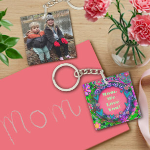 Porte-clés Texte customisé Photo Joli rose Floral Maman