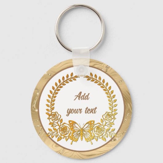 Porte-clés Texte personnalisé, papillon doré et fleur (Recto)