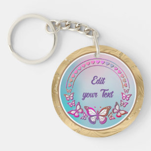 Porte-clés Texte personnalisé, papillons et monogramme de cœu