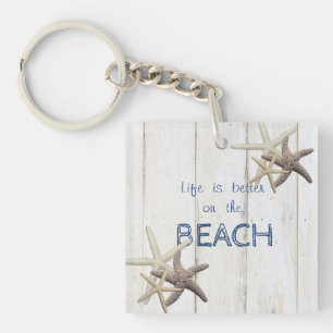 Porte-clés Texture de bois adorable, étoile de mer, plage