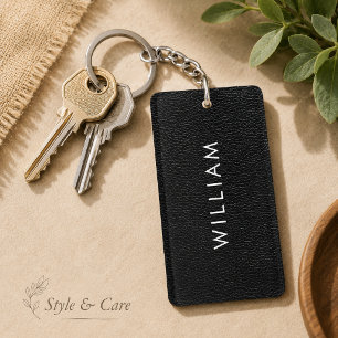 Porte-clés Texture en cuir noir élégant avec nom personnalisé