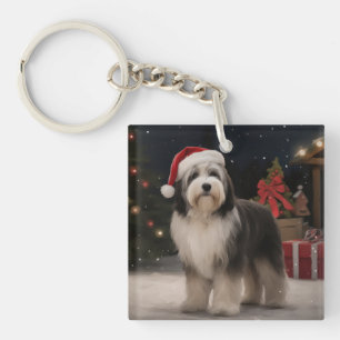 Porte-clés Tibétain Terrier Chien dans la neige Noël