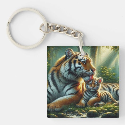 Porte-clés Tigers dans la peinture sur forêt éclairée (Devant)