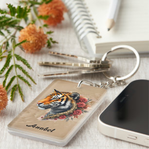 Porte-clés Tigre de Steampunk avec illustration Rose